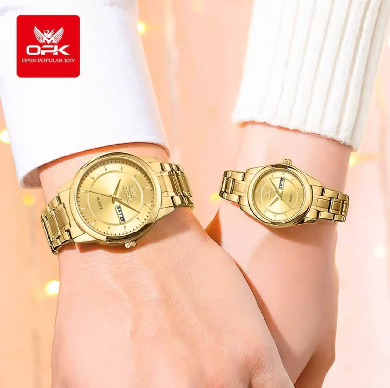 OPK COUPLE WATCH #6022 /= /= A PAIR DATE & DAY DISPLAY STAINLESS STEEL BATTERY POWERED WATER RESISTANT ENGRAVING SERVICES ENQUIRIES
