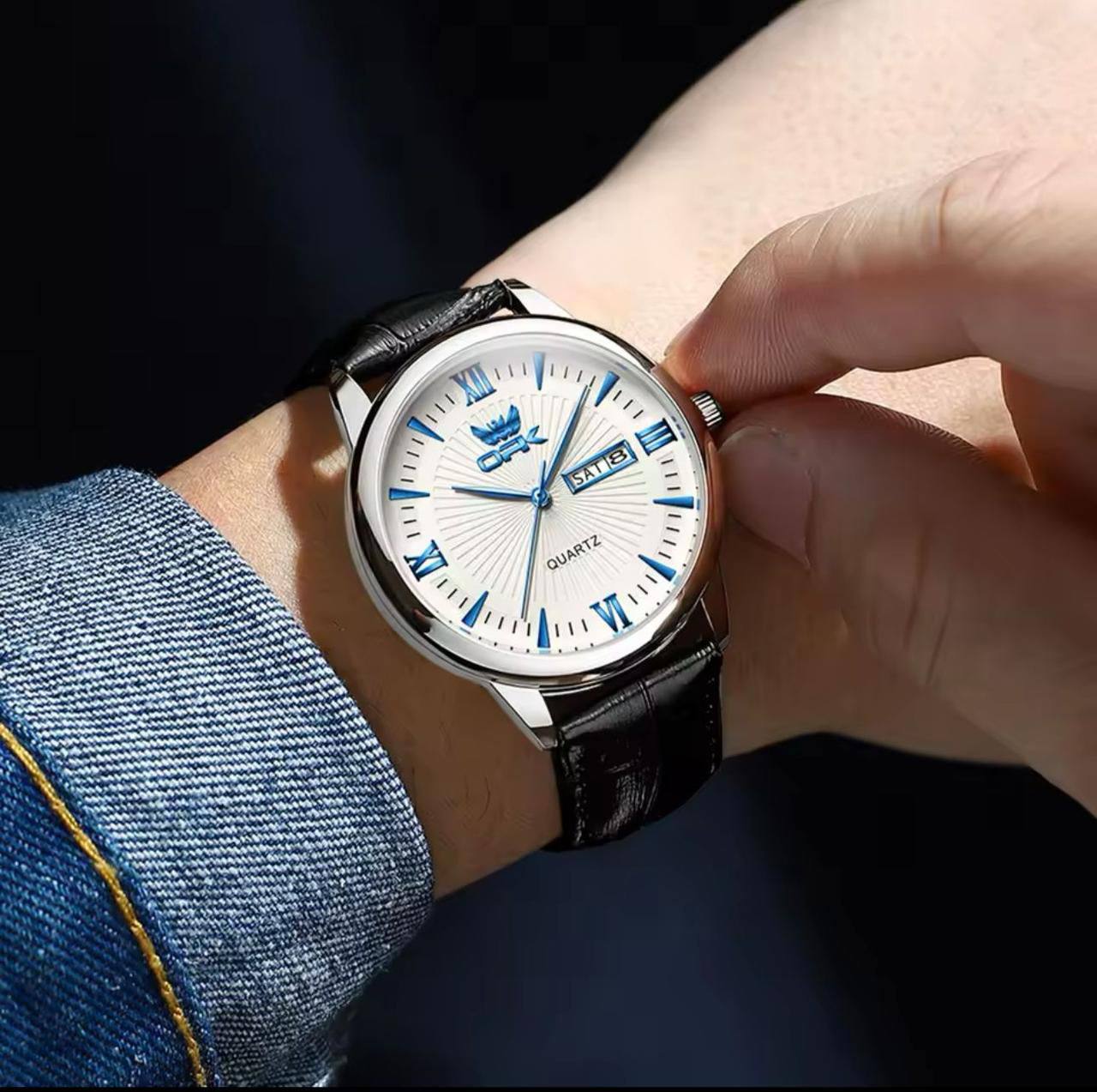 OPK GENTS WATCH #6028 DATE & DATE DISPLAY LEATHER STRAP BATTERY POWERED WATER RESISTANT ENGRAVING SERVICES ENQUIRIES