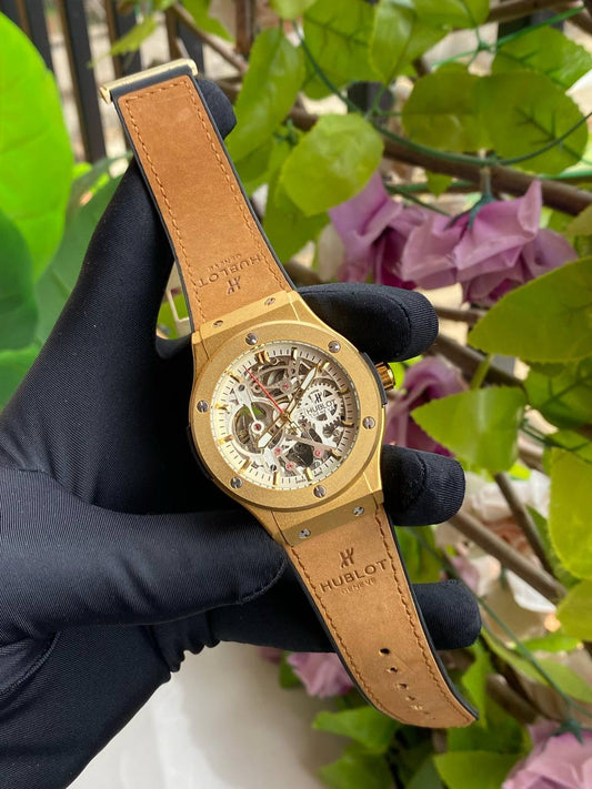 HUBLOT AUTOMATIC WATCH AUTOMATIC MOVEMENT SUEDE STRAP WATER RESISTANT TOURBILLON MACHINE AND ENQUIRIES