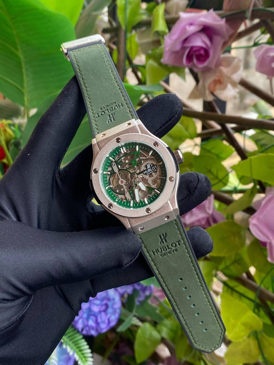 HUBLOT AUTOMATIC WATCH AUTOMATIC MOVEMENT SUEDE STRAP WATER RESISTANT TOURBILLON MACHINE AND ENQUIRIES