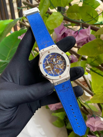HUBLOT AUTOMATIC WATCH AUTOMATIC MOVEMENT SUEDE STRAP WATER RESISTANT TOURBILLON MACHINE AND ENQUIRIES