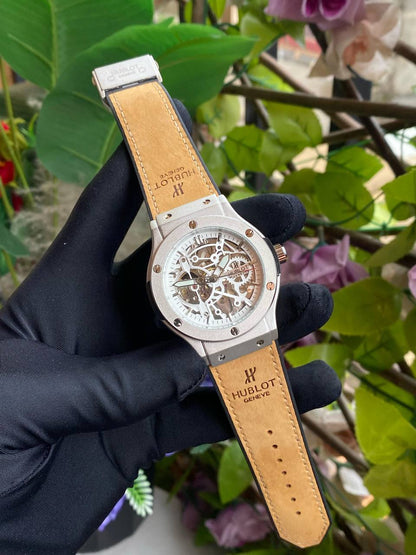 HUBLOT AUTOMATIC WATCH AUTOMATIC MOVEMENT SUEDE STRAP WATER RESISTANT TOURBILLON MACHINE AND ENQUIRIES