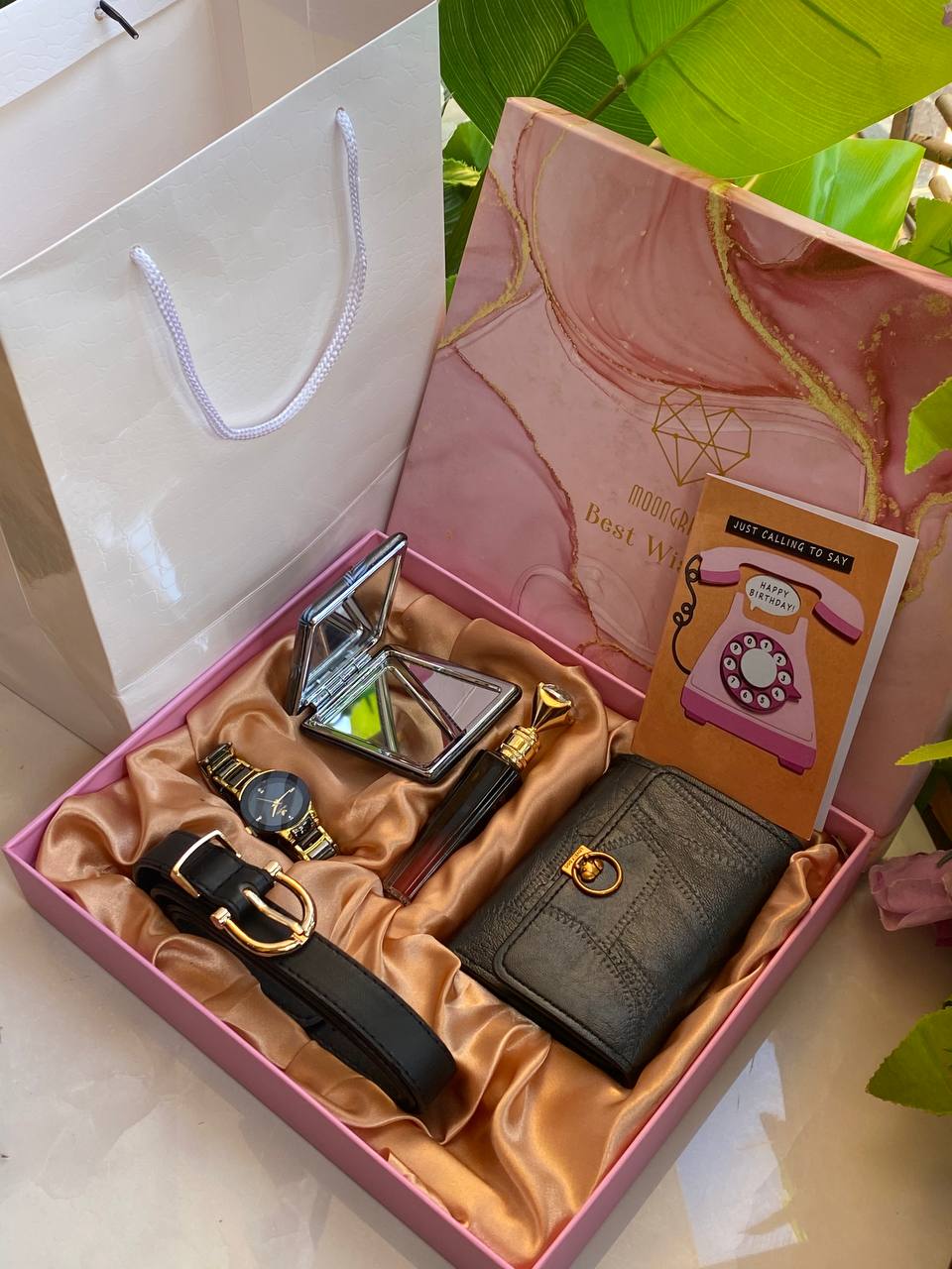 BEST WISHES LADIES GIFT PACK WATCH LIPSTICK MIRROR WALLET/PURSE BELT CARD & BAG WE ENGRAVE GIFTS AND ENQUIRIES