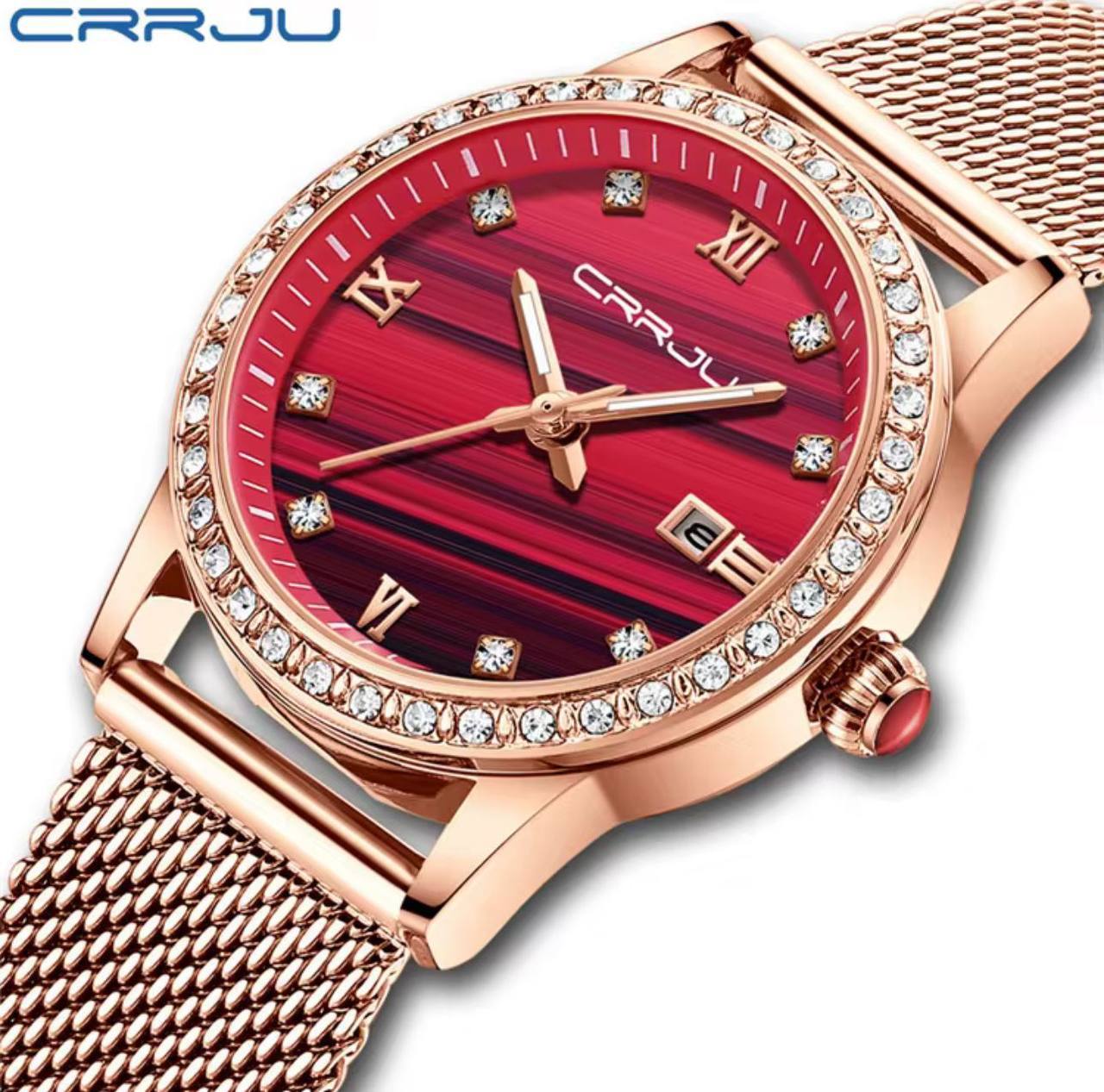 CRRJU LADIES WATCH 2 COLOURS DATE DISPLAY ADJUSTABLE MESH STRAP WATER RESISTANT BATTERY POWERED ENGRAVING