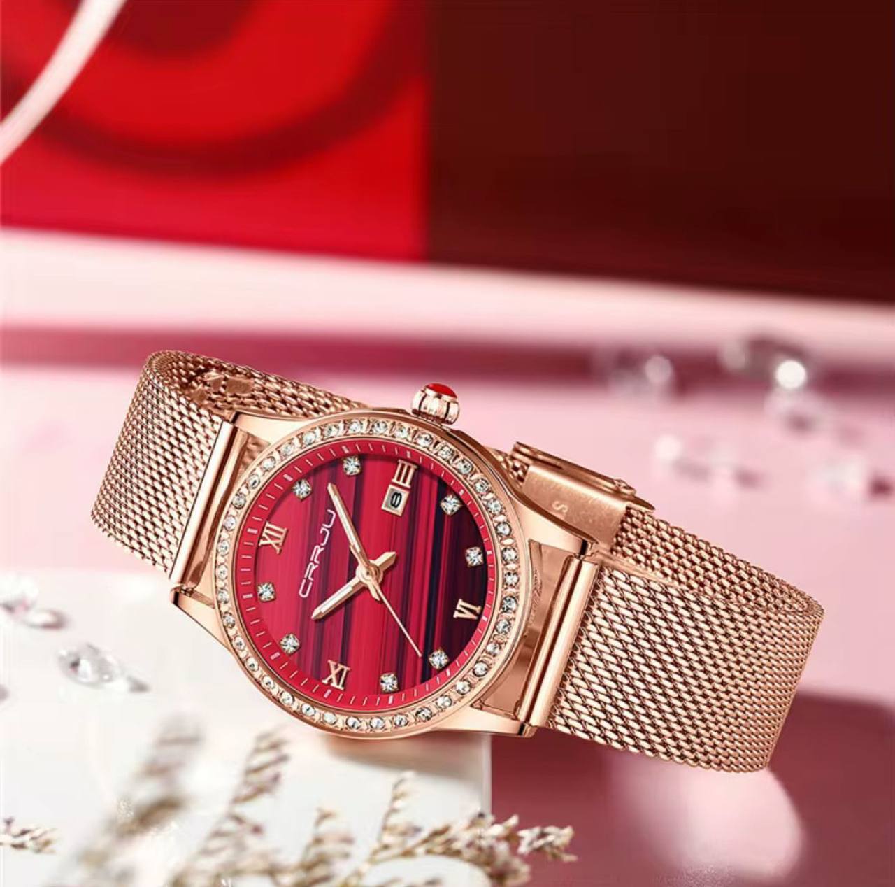 CRRJU LADIES WATCH 2 COLOURS DATE DISPLAY ADJUSTABLE MESH STRAP WATER RESISTANT BATTERY POWERED ENGRAVING