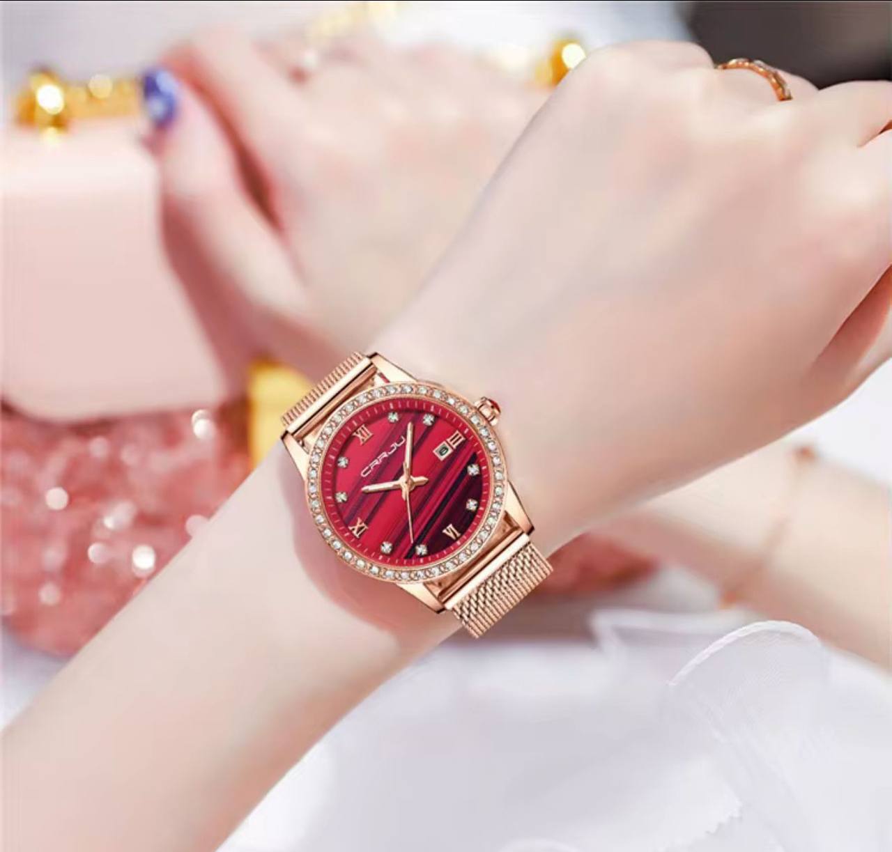 CRRJU LADIES WATCH 2 COLOURS DATE DISPLAY ADJUSTABLE MESH STRAP WATER RESISTANT BATTERY POWERED ENGRAVING