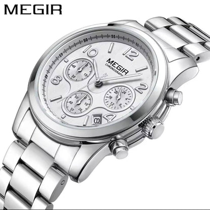 MEGIR CHRONOGRAPH WATCH FULL CHRONOGRAPH DATE DISPLAY NON FADE STAINLESS STEEL FINISH WATER RESISTANT AND ENQUIRIES