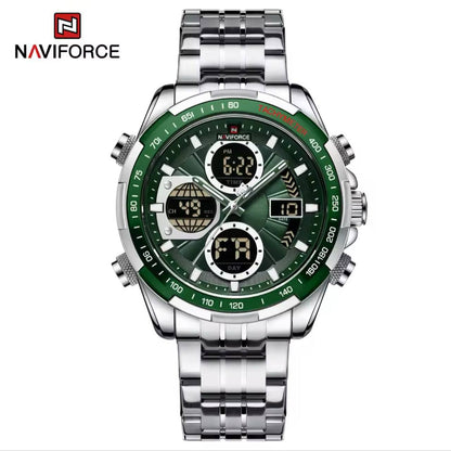 NAVIFORCE GENTS WATCH #NF 9197 ANALOGUE & DIGITAL DISPLAY LIGHT BUTTON WATER RESISTANT BATTERY POWERED GOLD SILVER ENGRAVING SERVICES ENQUIRIES