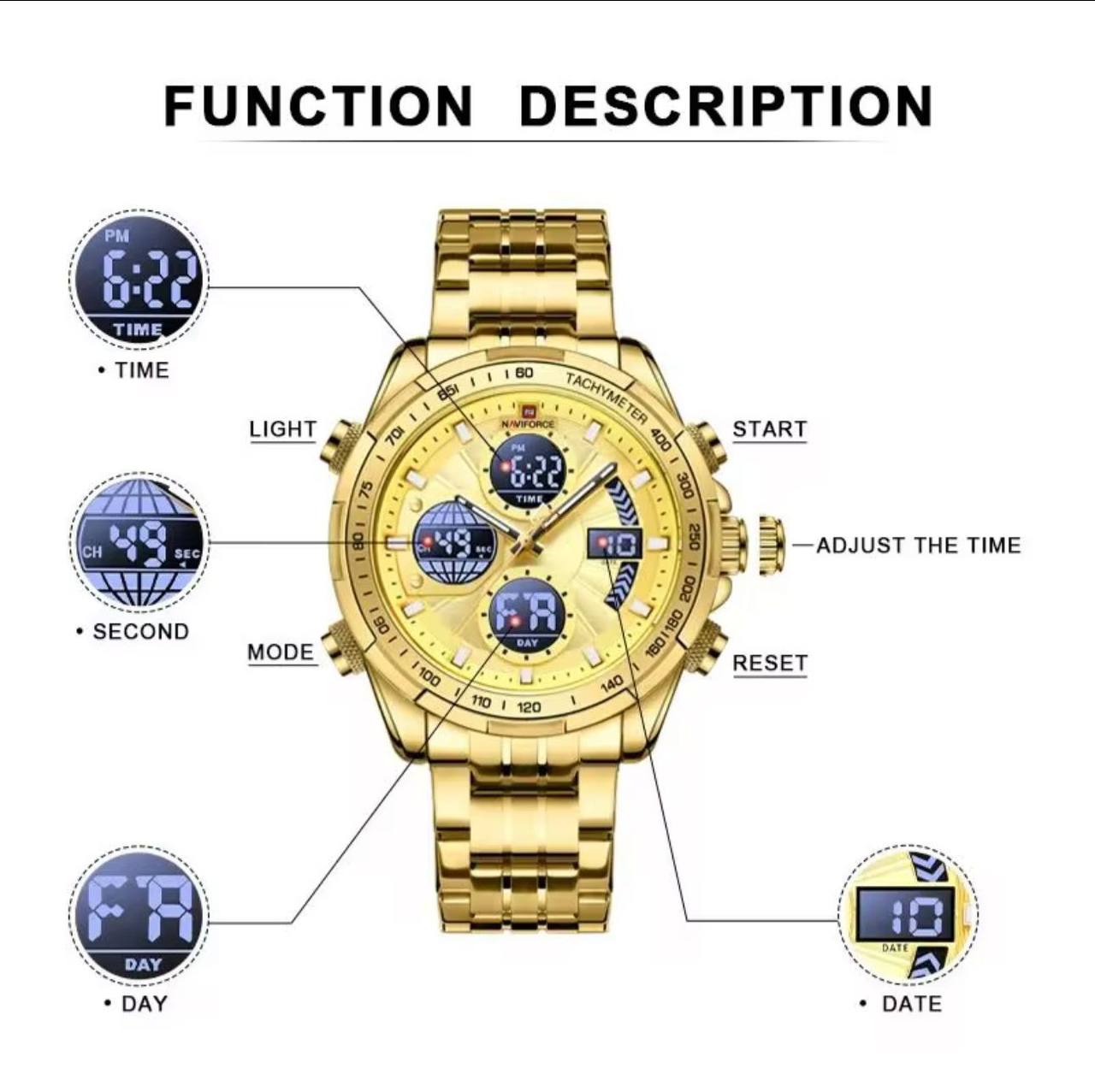NAVIFORCE GENTS WATCH #NF 9197 ANALOGUE & DIGITAL DISPLAY LIGHT BUTTON WATER RESISTANT BATTERY POWERED GOLD SILVER ENGRAVING SERVICES ENQUIRIES