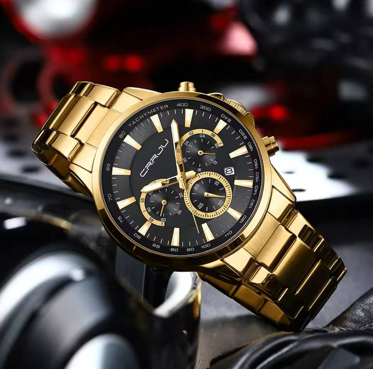 CRRJU CHRONOGRAPH GENTS WATCH DATE DISPLAY WATER RESISTANT STAINLESS STEEL BATTERY POWERED ⃣2 COLOR OPTIONS ENGRAVING SERVICES ENQUIRIES