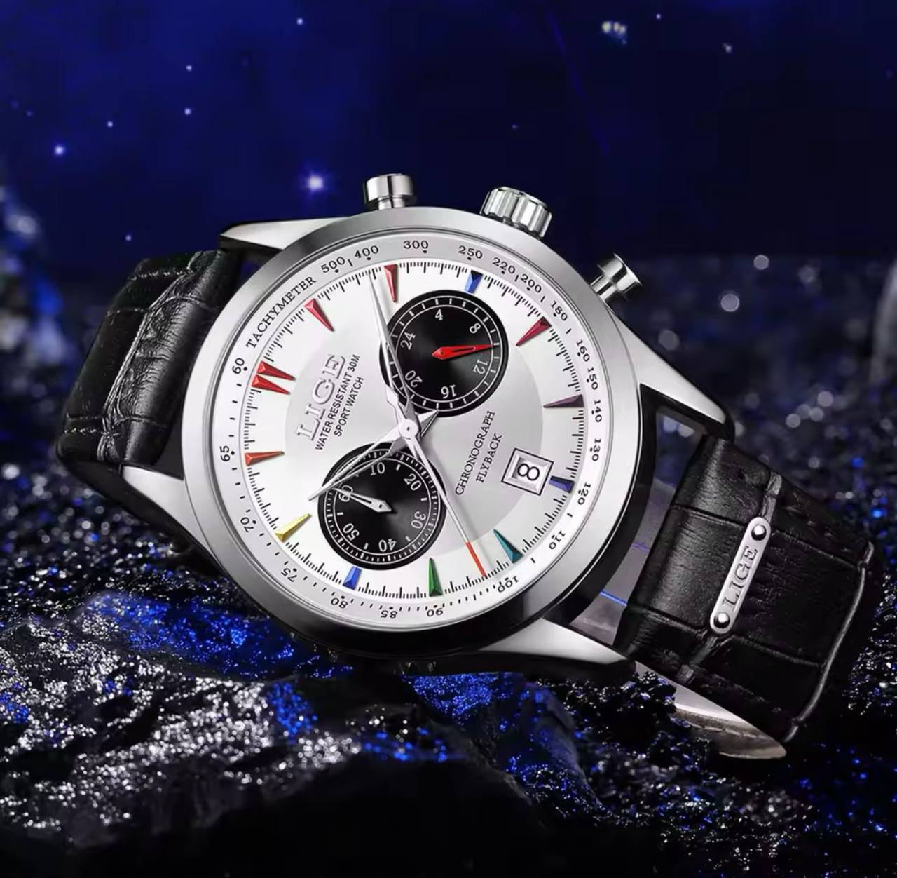 LIGE LG89128B CHRONOGRAPH DATE DISPLAY WATER RESISTANT 50 ATM LEATHER STRAP LUMINOUS FUNCTION ENGRAVING SERVICES ENQUIRIES