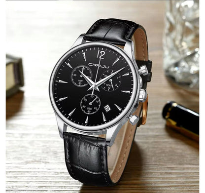 CRRJU CHRONOGRAPH LEATHER GENTS WATCH DATE DISPLAY WATER RESISTANT LEATHER STRAP BATTERY POWERED ⃣2 COLOR OPTIONS ENGRAVING SERVICES ENQUIRIES