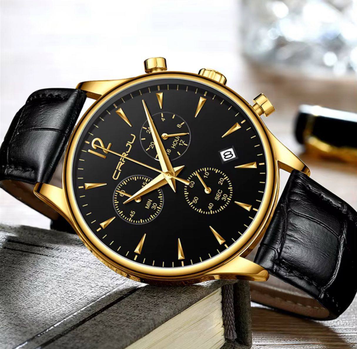 CRRJU CHRONOGRAPH LEATHER GENTS WATCH DATE DISPLAY WATER RESISTANT LEATHER STRAP BATTERY POWERED ⃣2 COLOR OPTIONS ENGRAVING SERVICES ENQUIRIES