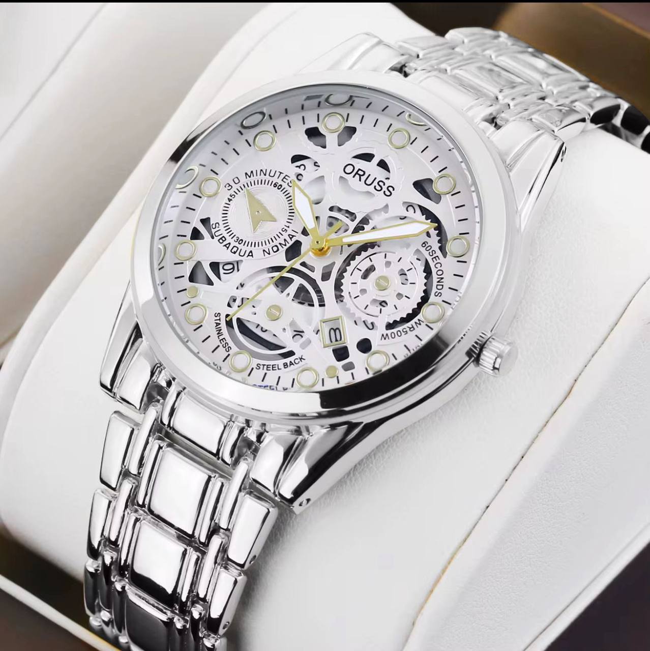 ‼ BRAND ALERT ‼ ORUSS MEN DATE WATCH DATE DISPLAY STAINLESS STEEL BATTERY POWERED WATER RESISTANT ENGRAVING SERVICES ENQUIRIES