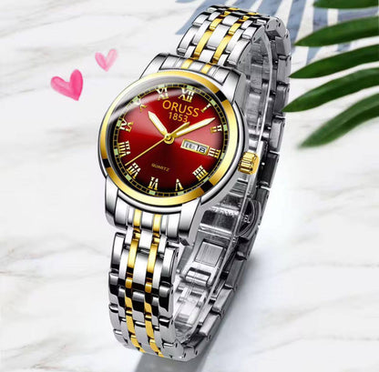 ‼ BRAND ALERT ‼ ORUSS LADIES DAY & DATE WATCH DAY & DATE DISPLAY STAINLESS STEEL BATTERY POWERED WATER RESISTANT ENGRAVING SERVICES ENQUIRIES