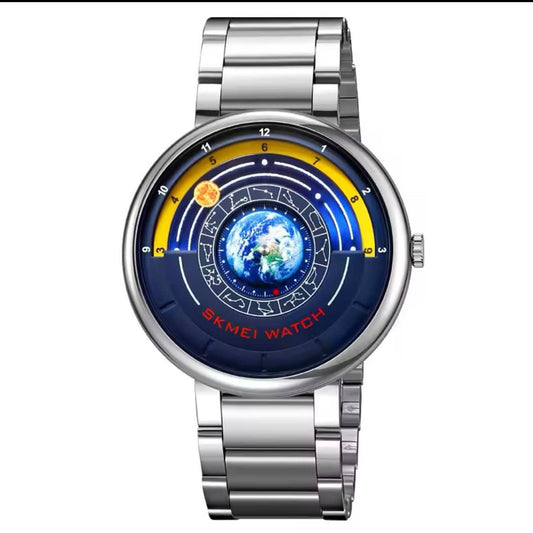 SKMEI 2361 EARTH TIME GOLD SILVER BLACK EARTH DIAL FASHION MINERAL REINFORCED GLASS BATTERY POWERED STAINLESS STEEL WATER RESISTANCE 30M ENGRAVING SERVICES