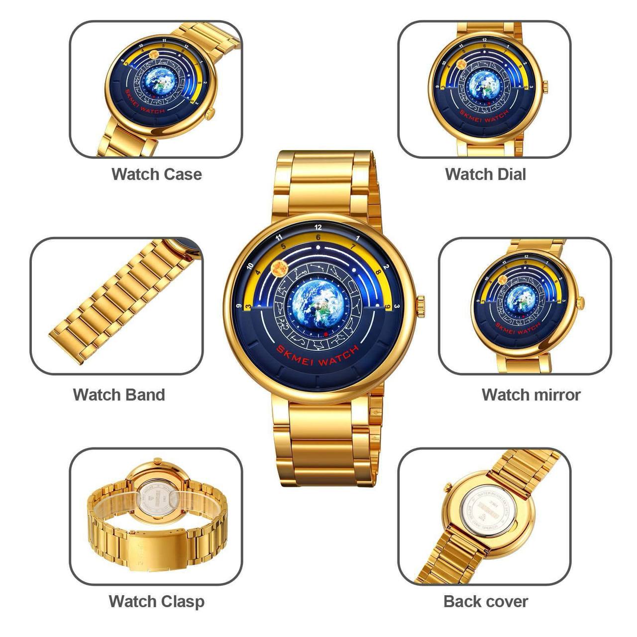SKMEI 2361 EARTH TIME GOLD SILVER BLACK EARTH DIAL FASHION MINERAL REINFORCED GLASS BATTERY POWERED STAINLESS STEEL WATER RESISTANCE 30M ENGRAVING SERVICES