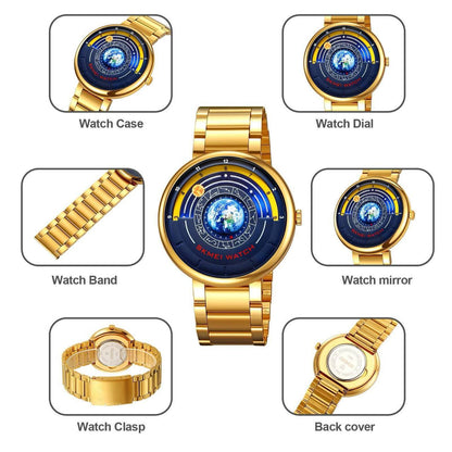 SKMEI 2361 EARTH TIME GOLD SILVER BLACK EARTH DIAL FASHION MINERAL REINFORCED GLASS BATTERY POWERED STAINLESS STEEL WATER RESISTANCE 30M ENGRAVING SERVICES