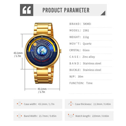 SKMEI 2361 EARTH TIME GOLD SILVER BLACK EARTH DIAL FASHION MINERAL REINFORCED GLASS BATTERY POWERED STAINLESS STEEL WATER RESISTANCE 30M ENGRAVING SERVICES