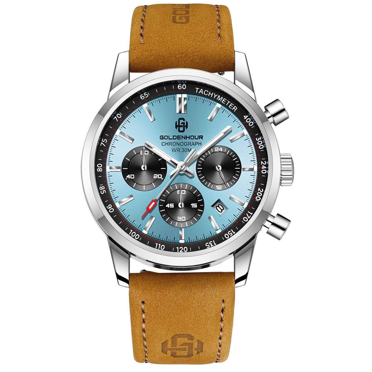 GOLDEN HOUR CHRONOGRAPH DATE DISPLAY WATER RESISTANT LUMINOUS FUNCTION LEATHER STRAP ENGRAVING SERVICES ENQUIRIES