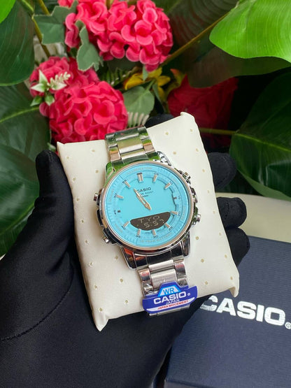 CASIO DUAL TIME WORLD TIME COUNT DOWN TIMER 3 ALARMS BATTERY POWERED STAINLESS STEEL WATER RESISTANT CASIO BRANDED BLUE BOX ENQUIRIES