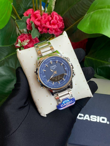 CASIO DUAL TIME WORLD TIME COUNT DOWN TIMER 3 ALARMS BATTERY POWERED STAINLESS STEEL WATER RESISTANT CASIO BRANDED BLUE BOX ENQUIRIES