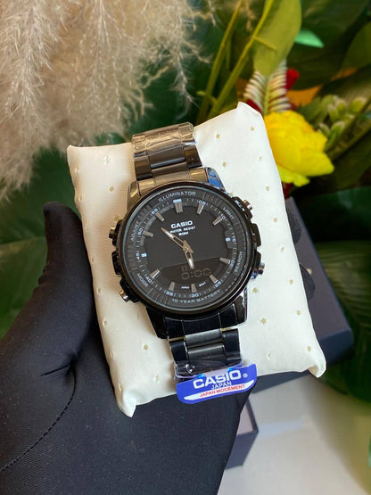 CASIO DUAL TIME WORLD TIME COUNT DOWN TIMER 3 ALARMS BATTERY POWERED STAINLESS STEEL WATER RESISTANT CASIO BRANDED BLUE BOX ENQUIRIES