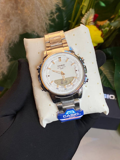 CASIO DUAL TIME WORLD TIME COUNT DOWN TIMER 3 ALARMS BATTERY POWERED STAINLESS STEEL WATER RESISTANT CASIO BRANDED BLUE BOX ENQUIRIES