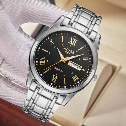 ‼ BRAND ALERT ‼ ORUSS MEN DAY & DATE WATCH DATE DISPLAY STAINLESS STEEL BATTERY POWERED WATER RESISTANT ENGRAVING SERVICES ENQUIRIES