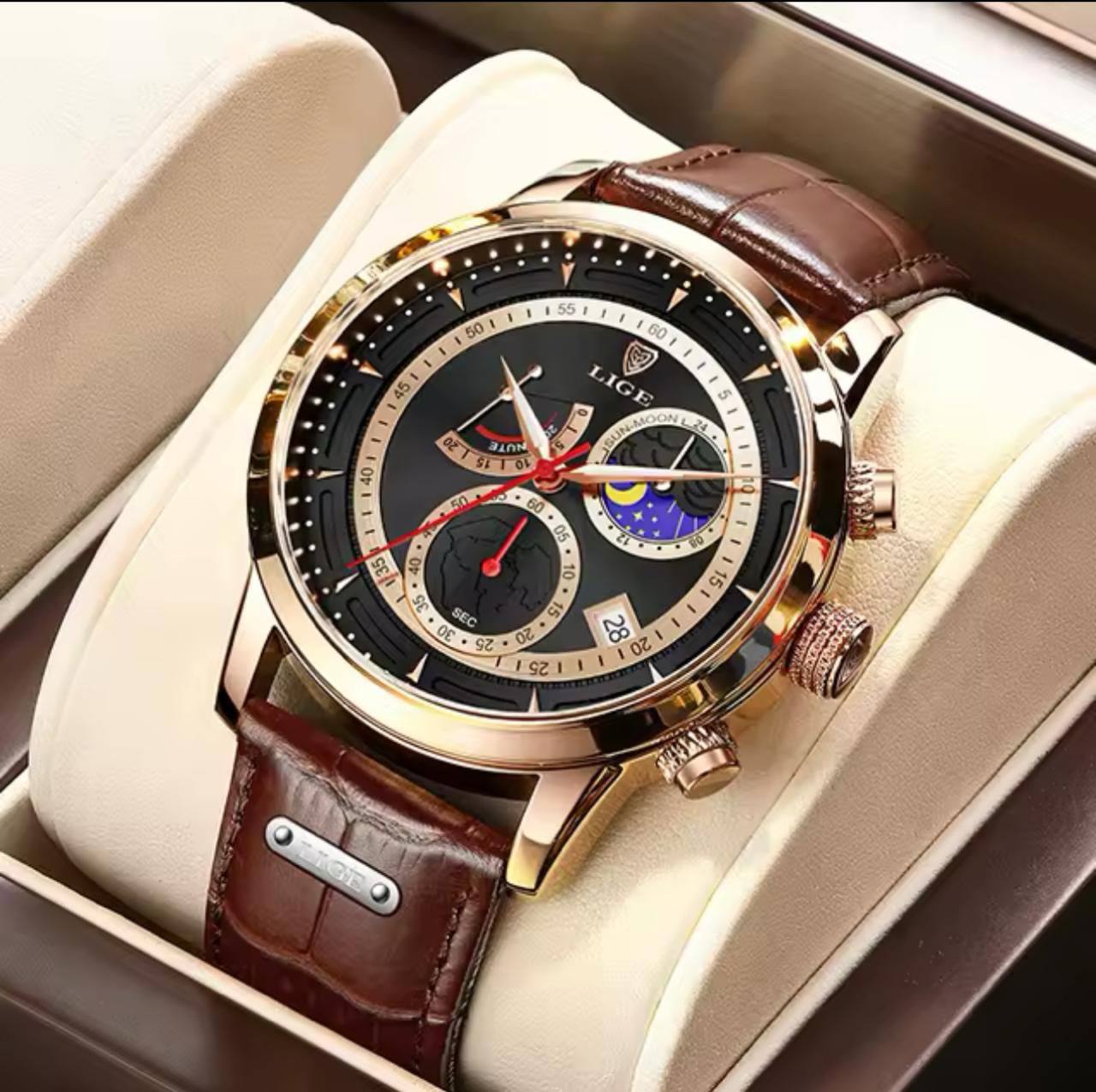 LIGE LG8968A CHRONOGRAPH BATTERY POWERED CHRONOGRAPH MOVEMENT STAINLESS STEEL DATE DISPLAY MOON PHASE FUNCTION ENGRAVING SERVICES COMES A BRANDED BOX ORDER AND ENQUIRIES