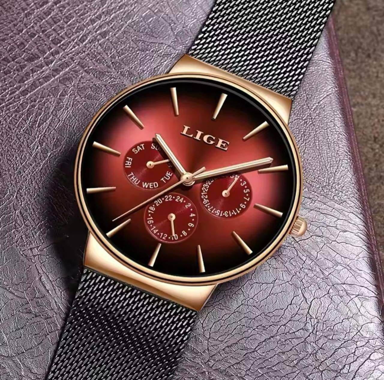 LIGE LG9936B FULL CHRONOGRAPH(DAY,24HRS,DATE) WATERPROOF 30M LUMINOUS HANDS ULTRA THIN DESIGN STAINLESS STEEL BAND(MESH STRAP) COMES A LIGE BRANDED BOX ENGRAVING SERVICES ENQUIRIES