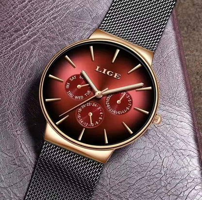 LIGE LG9936B FULL CHRONOGRAPH(DAY,24HRS,DATE) WATERPROOF 30M LUMINOUS HANDS ULTRA THIN DESIGN STAINLESS STEEL BAND(MESH STRAP) COMES A LIGE BRANDED BOX ENGRAVING SERVICES ENQUIRIES