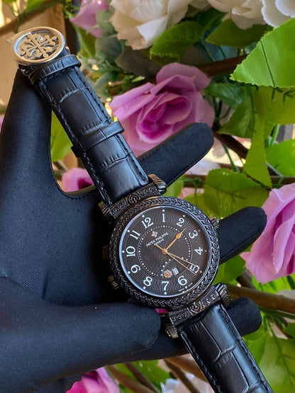 DOUBLE SIDED PATEK PHILLIPE GENTS WATCH DATE DISPLAY POLISHED LEATHER STRAP CHRONOGRAPH WATER RESISTANT BATTERY POWERED ENGRAVING SERVICES ENQUIRIES AND