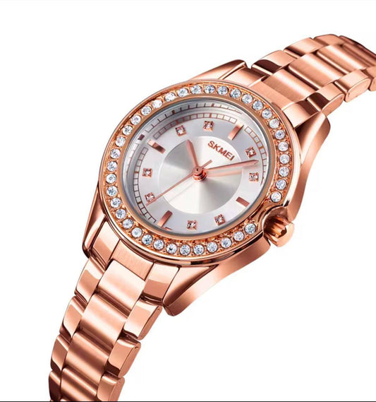 SKMEI LADIES #1534 ICED OUT STAINLESS STEEL BATTERY POWERED WATER RESISTANT 4 COLOR OPTIONS SKMEI BRANDED TIN ENGRAVING SERVICES ENQUIRIES