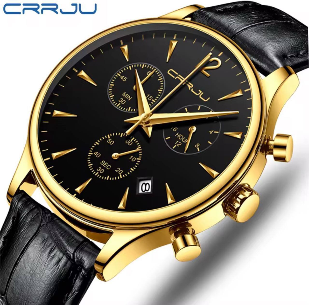 CRRJU CHRONOGRAPH LEATHER GENTS WATCH DATE DISPLAY WATER RESISTANT LEATHER STRAP BATTERY POWERED ⃣2 COLOR OPTIONS ENGRAVING SERVICES ENQUIRIES