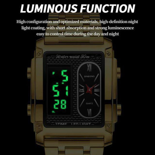 BINBOND DOUBLE TIME GENTS DIGITAL AND ANALOG TIME WATER RESISTANT STAINLESS STEEL STRONG LUMINOUS LED LIGHT SILVER GOLD BLACK ENQUIRIES