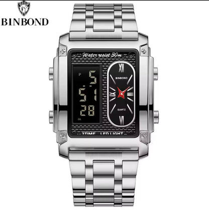 BINBOND DOUBLE TIME GENTS DIGITAL AND ANALOG TIME WATER RESISTANT STAINLESS STEEL STRONG LUMINOUS LED LIGHT SILVER GOLD BLACK ENQUIRIES