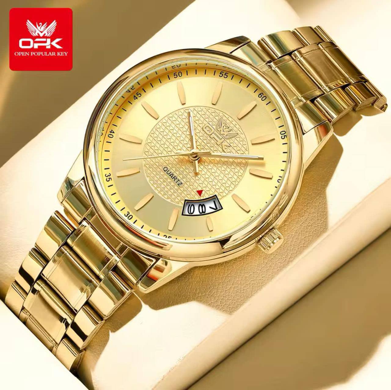 OPK GENTS WATCH #6028 DATE DISPLAY STAINLESS STEEL BATTERY POWERED WATER RESISTANT ENGRAVING SERVICES ENQUIRIES