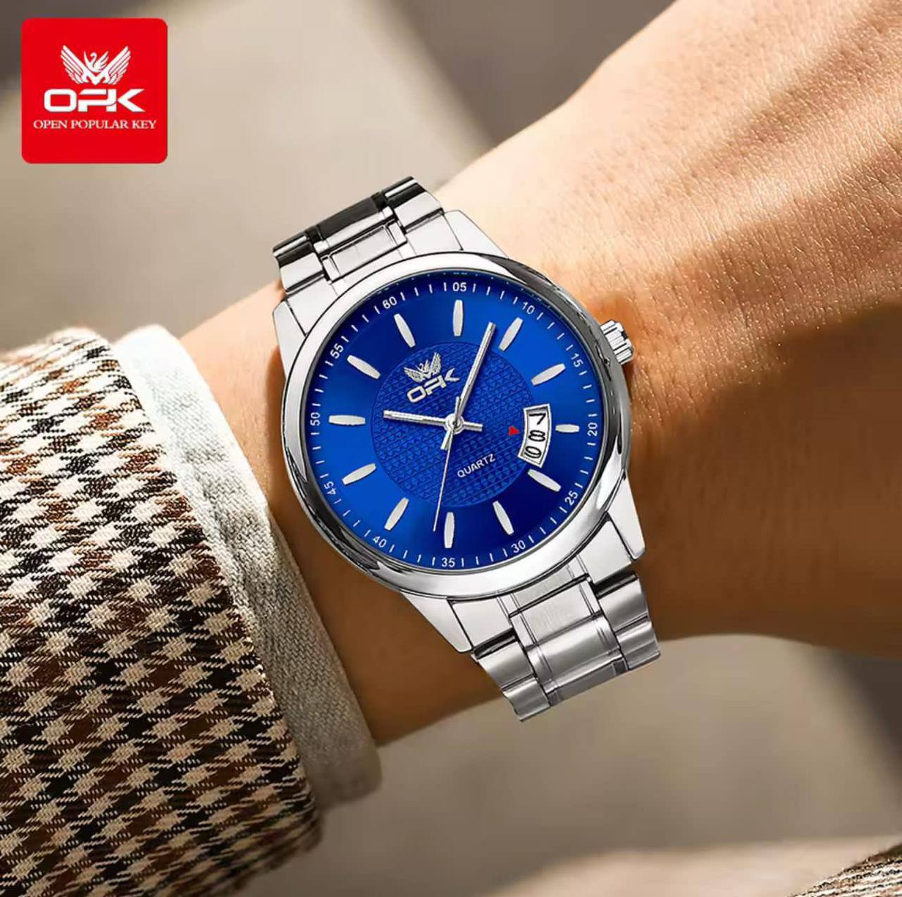 OPK GENTS WATCH #6028 DATE DISPLAY STAINLESS STEEL BATTERY POWERED WATER RESISTANT ENGRAVING SERVICES ENQUIRIES