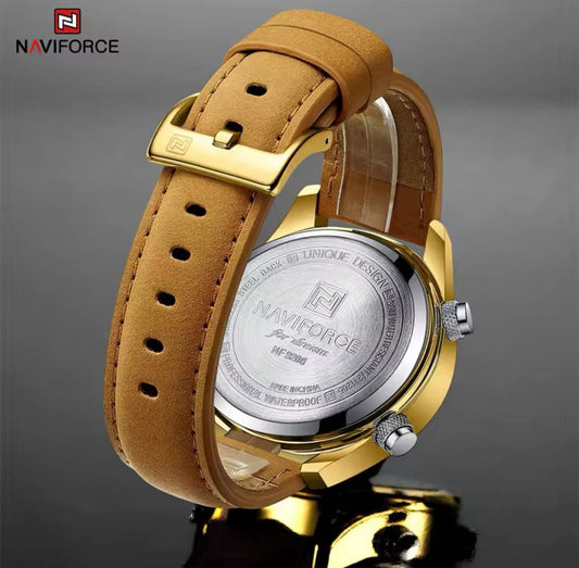 NAVIFORCE GENTS WATCH #NF 9208 ANALOGUE & DIGITAL DISPLAY LIGHT BUTTON WATER RESISTANT BATTERY POWERED LEATHER STRAP ENGRAVING SERVICES ENQUIRIES