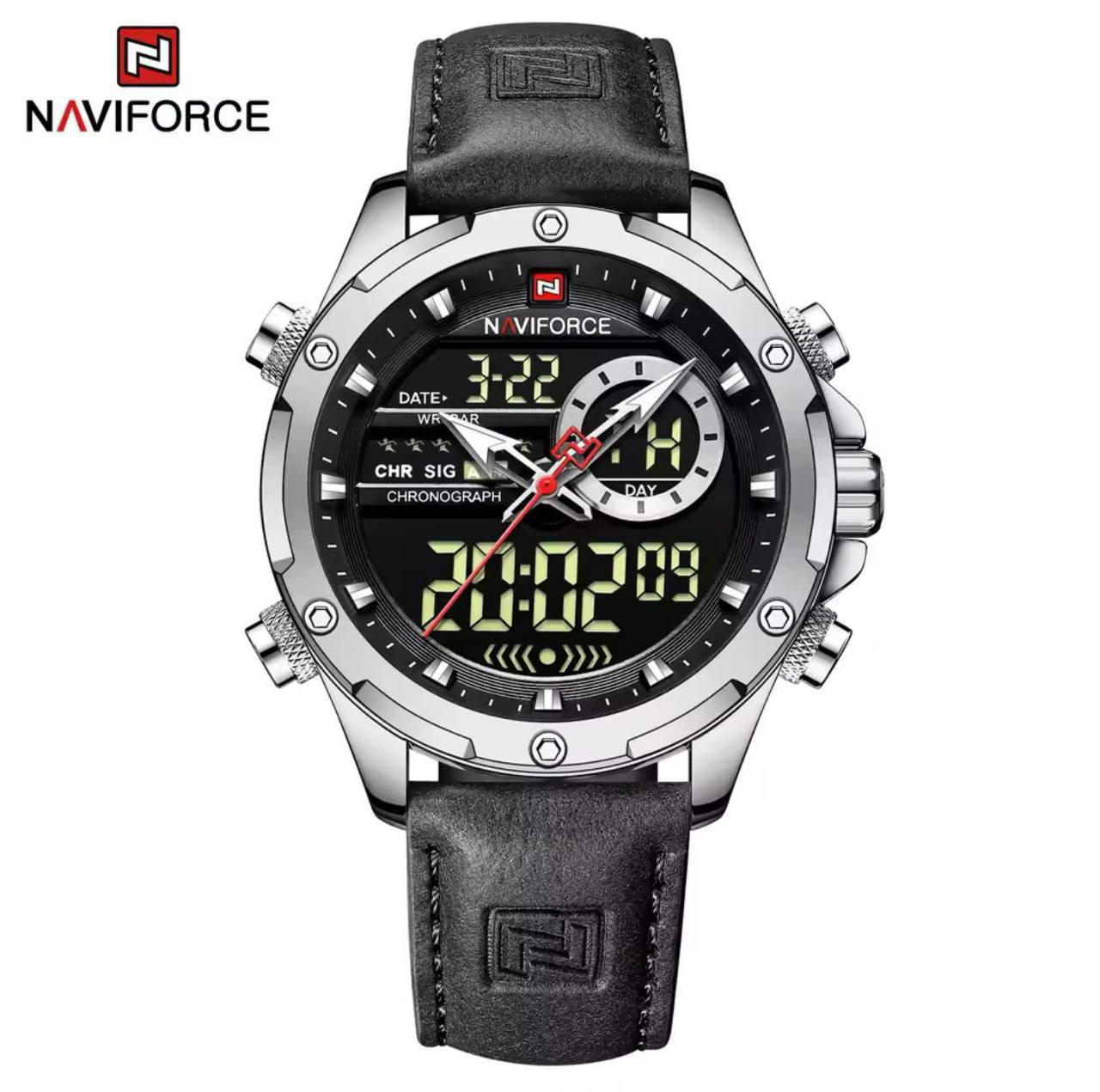 NAVIFORCE GENTS WATCH #NF 9208 ANALOGUE & DIGITAL DISPLAY LIGHT BUTTON WATER RESISTANT BATTERY POWERED LEATHER STRAP ENGRAVING SERVICES ENQUIRIES