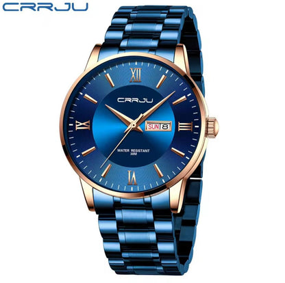 CRRJU 2175 MEN DAY & DATE GENTS WATCH DATE & DAY DISPLAY WATER RESISTANT STAINLESS STEEL BATTERY POWERED ⃣3 COLOR OPTIONS ENGRAVING SERVICES ENQUIRIES