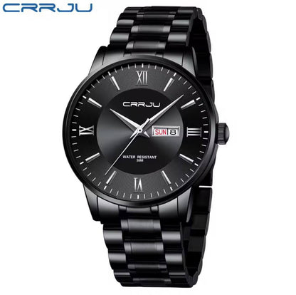 CRRJU 2175 MEN DAY & DATE GENTS WATCH DATE & DAY DISPLAY WATER RESISTANT STAINLESS STEEL BATTERY POWERED ⃣3 COLOR OPTIONS ENGRAVING SERVICES ENQUIRIES