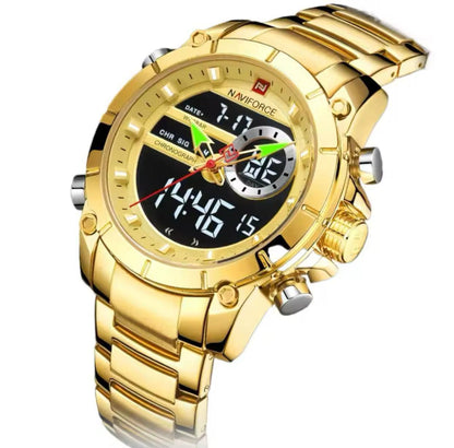 NAVIFORCE GENTS #NF9163 ANALOGUE&DIGITAL DISPLAY LIGHT BUTTON BATTERY POWERED WATER RESISTANT ENGRAVING SERVICES NAVIFORCE BRANDED BOX ENQUIRIES