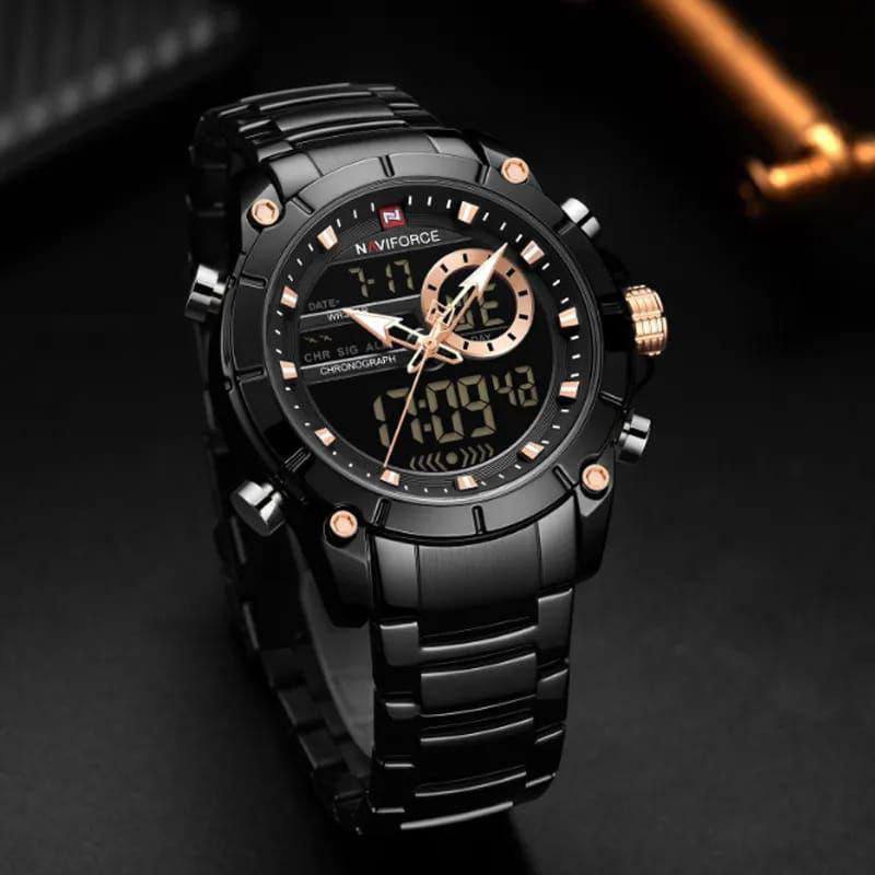 NAVIFORCE GENTS #NF9163 ANALOGUE&DIGITAL DISPLAY LIGHT BUTTON BATTERY POWERED WATER RESISTANT ENGRAVING SERVICES NAVIFORCE BRANDED BOX ENQUIRIES