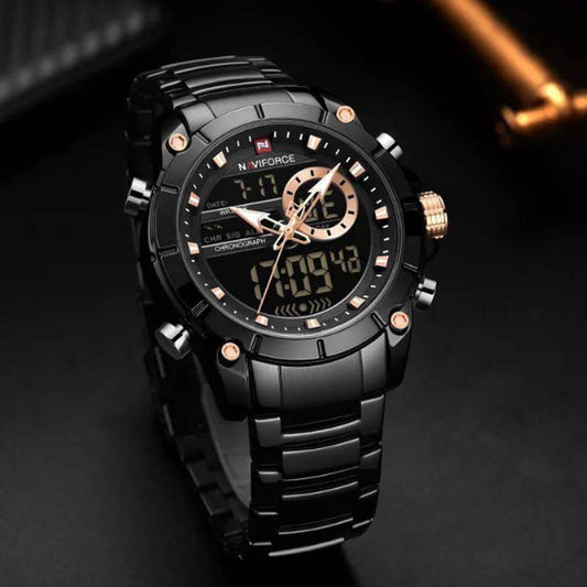 NAVIFORCE GENTS #NF9163 ANALOGUE&DIGITAL DISPLAY LIGHT BUTTON BATTERY POWERED WATER RESISTANT ENGRAVING SERVICES NAVIFORCE BRANDED BOX ENQUIRIES