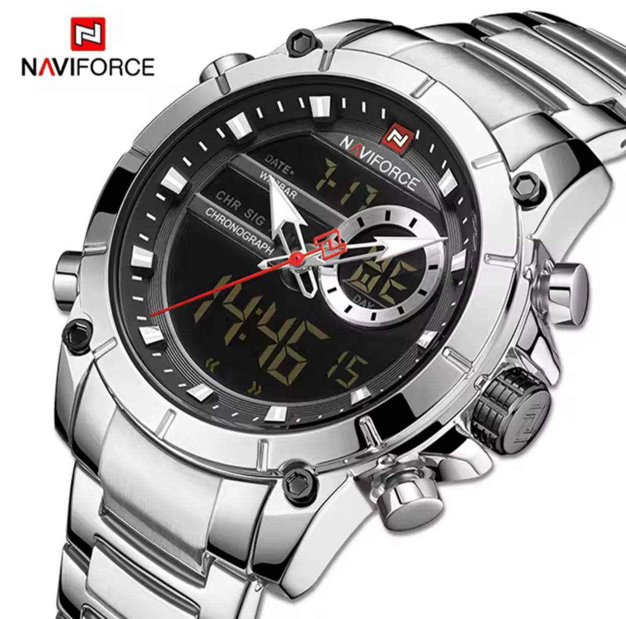 NAVIFORCE GENTS #NF9163 ANALOGUE&DIGITAL DISPLAY LIGHT BUTTON BATTERY POWERED WATER RESISTANT ENGRAVING SERVICES NAVIFORCE BRANDED BOX ENQUIRIES