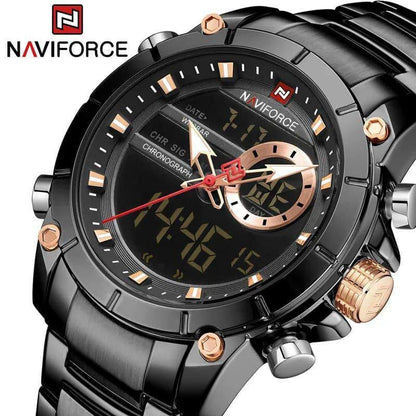 NAVIFORCE GENTS #NF9163 ANALOGUE&DIGITAL DISPLAY LIGHT BUTTON BATTERY POWERED WATER RESISTANT ENGRAVING SERVICES NAVIFORCE BRANDED BOX ENQUIRIES