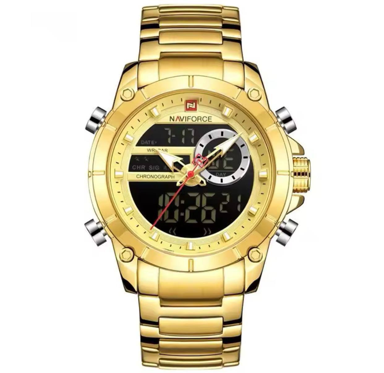 NAVIFORCE GENTS #NF9163 ANALOGUE&DIGITAL DISPLAY LIGHT BUTTON BATTERY POWERED WATER RESISTANT ENGRAVING SERVICES NAVIFORCE BRANDED BOX ENQUIRIES