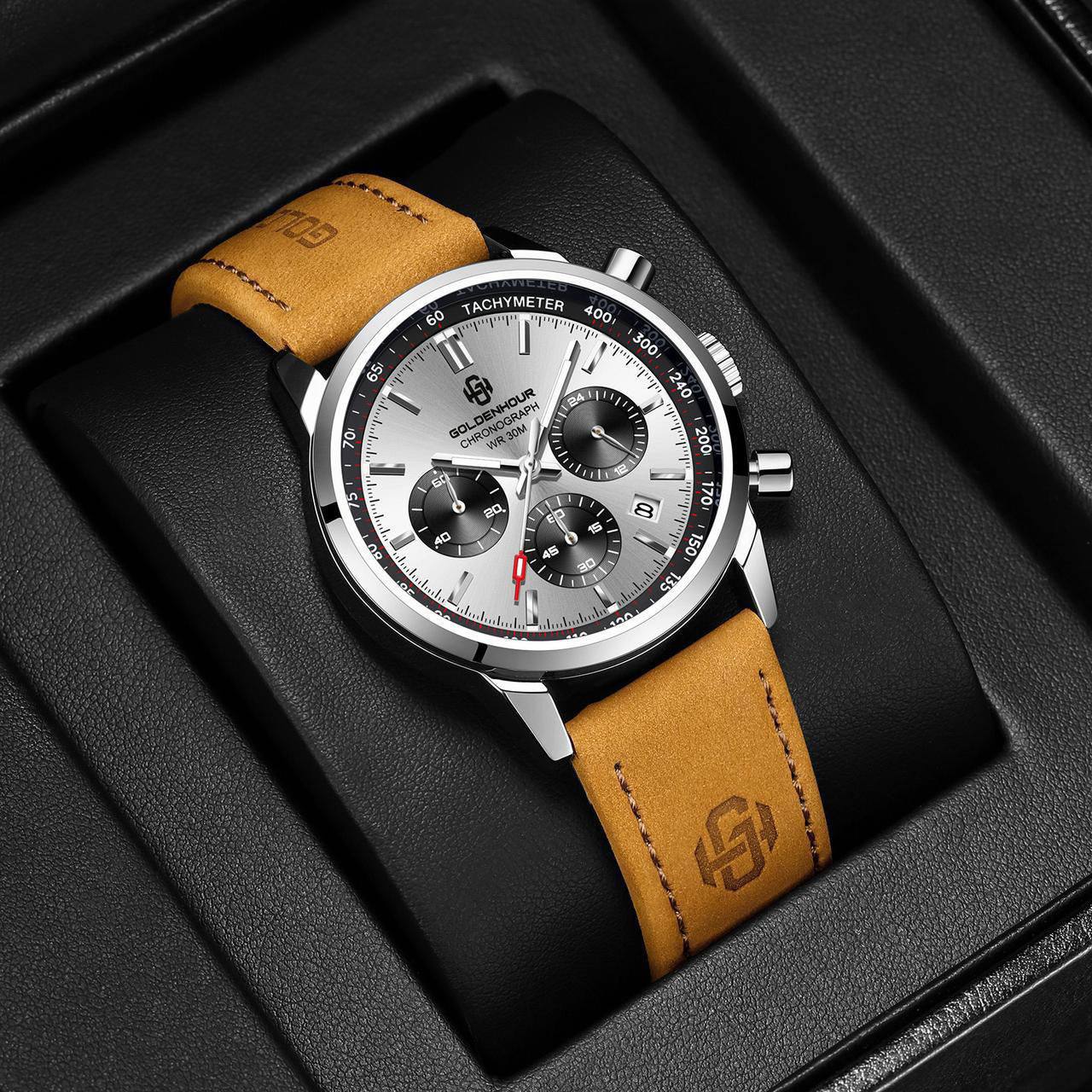 GOLDEN HOUR CHRONOGRAPH DATE DISPLAY WATER RESISTANT LUMINOUS FUNCTION LEATHER STRAP ENGRAVING SERVICES ENQUIRIES